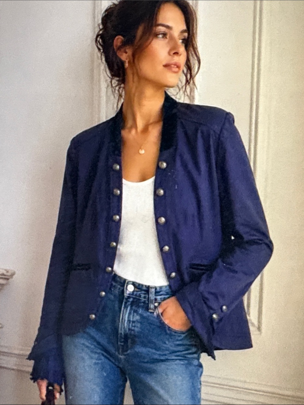 Sundance Navy Blue Military-Style Blazer with Lace Trim Medium